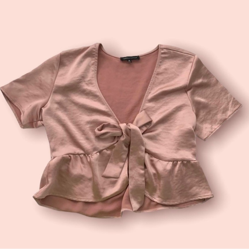 Pink satin tie front top